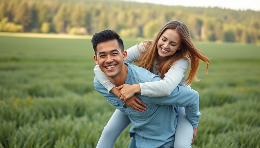 Playful couple in field with forest background, relationship joy.