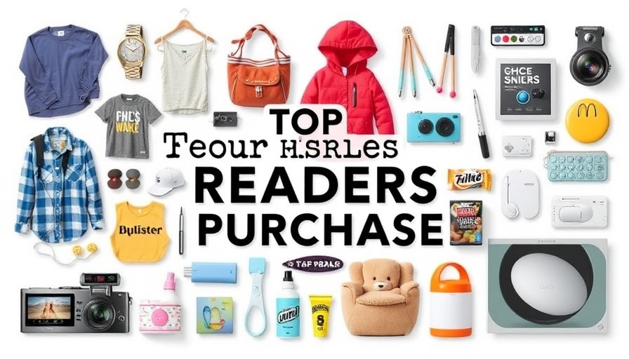 Collage of top reader purchases featuring gadgets and clothing, vibrant design.