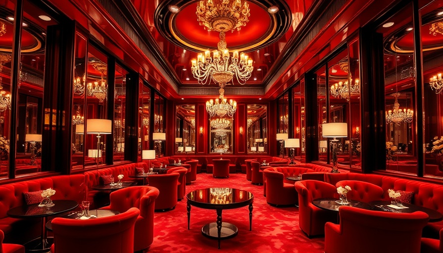 Luxurious red velvet lounge in Sax Paris Hilton Points Hotel with chandeliers.