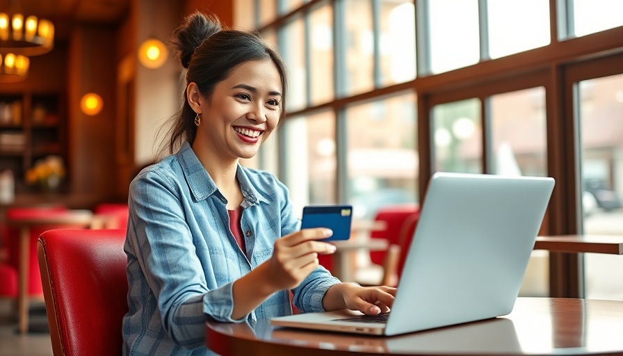 Smiling woman at a cafe using laptop, holding credit card, Citi ThankYou Rewards transfer partners.