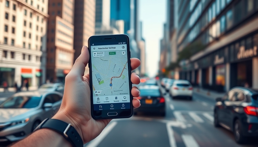Person using smartphone GPS on a city street with traffic.