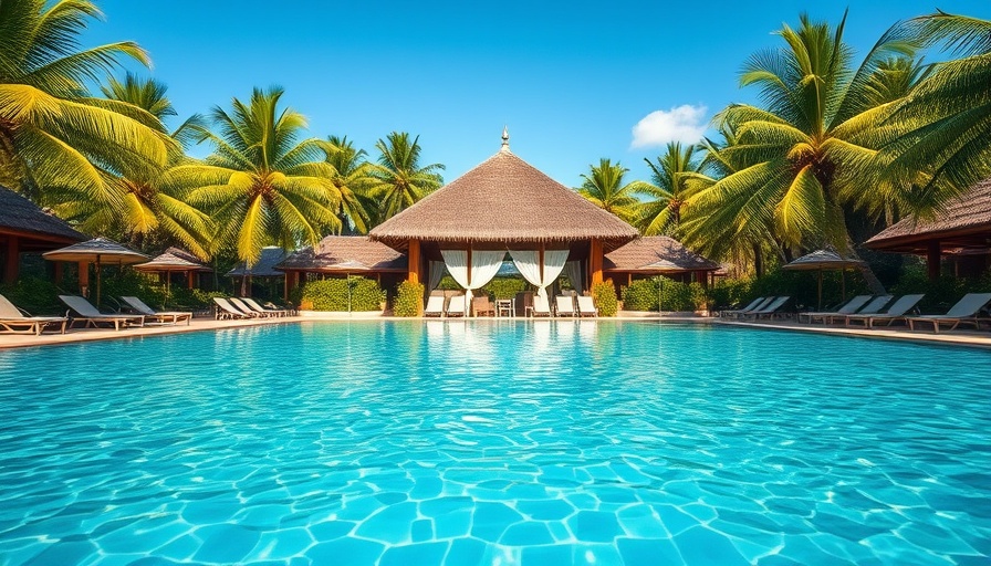 Almare Luxury Resort Experience: Idyllic tropical pool with thatched roof and palm trees.