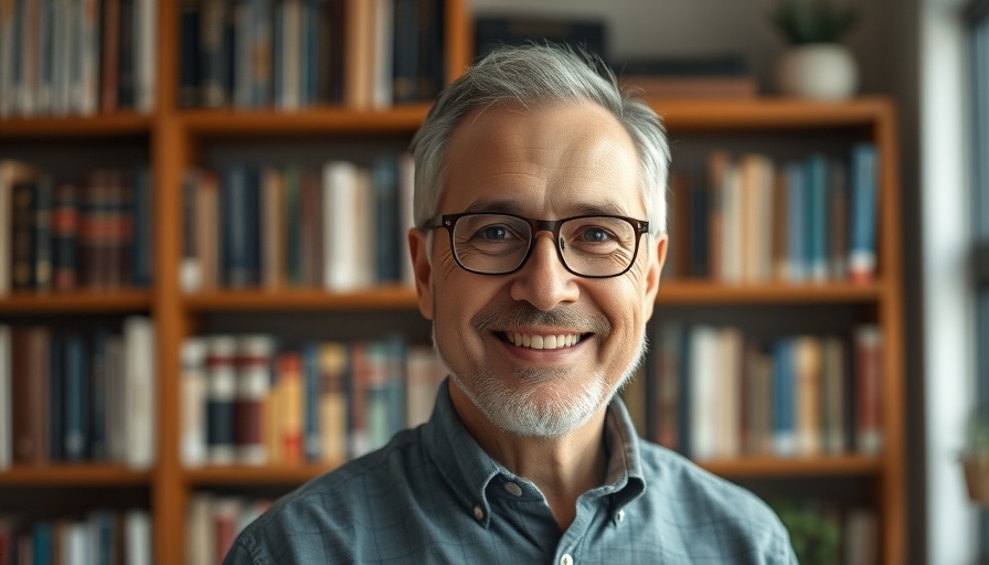 Middle-aged man smiling in a home library.