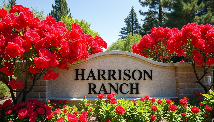 Harrison Ranch entrance sign with flowers on a sunny day.