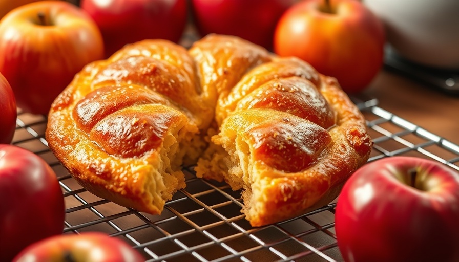 Golden air fryer apple fritter with bite on wire rack.