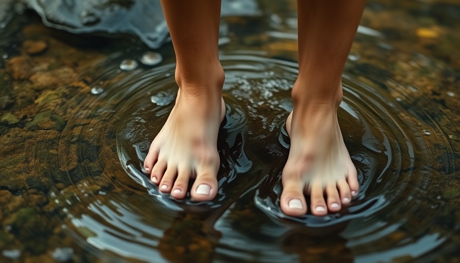 Ancient wisdom foot health concept with bare feet in water.