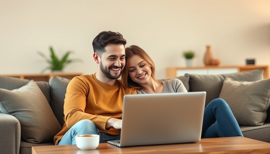 Couple enjoying entertainment on a laptop, casual living room.