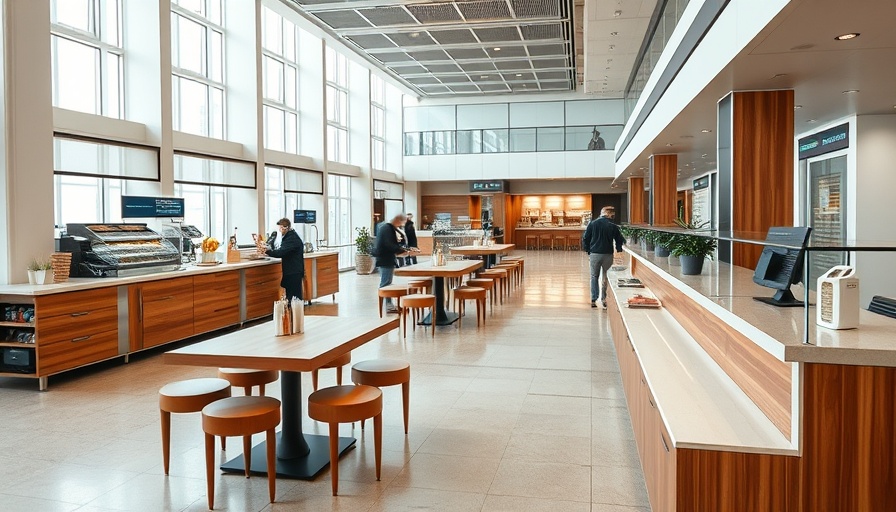 Modern grab-and-go airport lounge interior with refreshments.