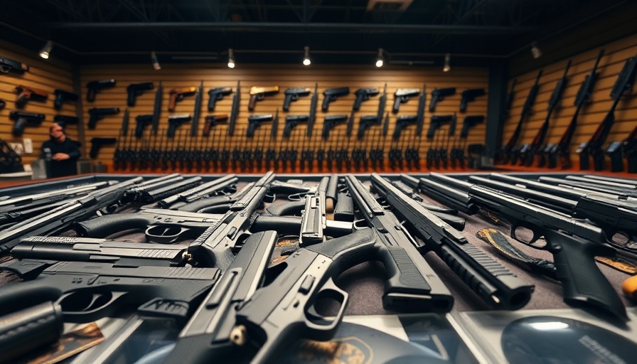 Handguns in display case at gun store, relevant to medical marijuana restrictions.