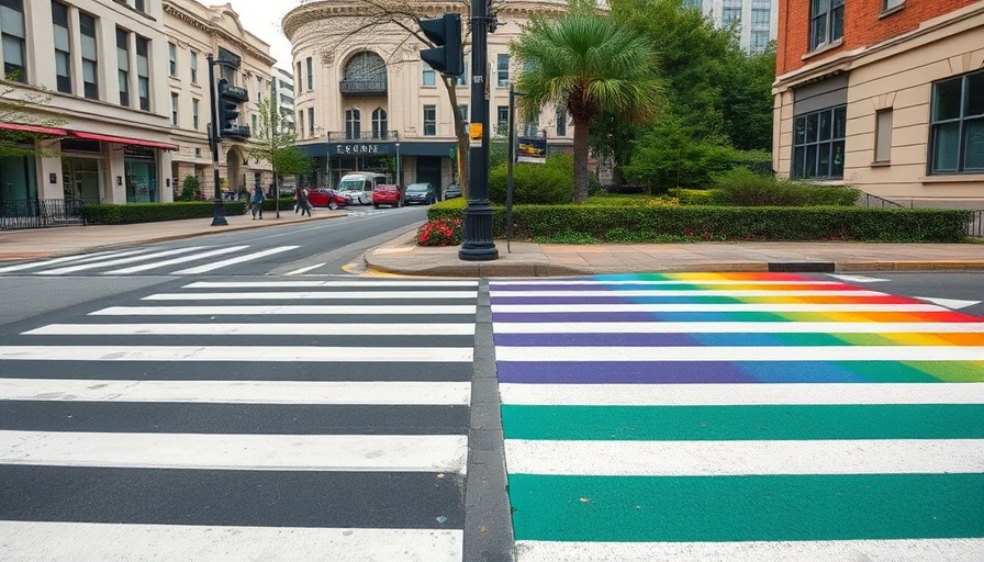 Traditional and rainbow crosswalks at Pulse site with urban backdrop