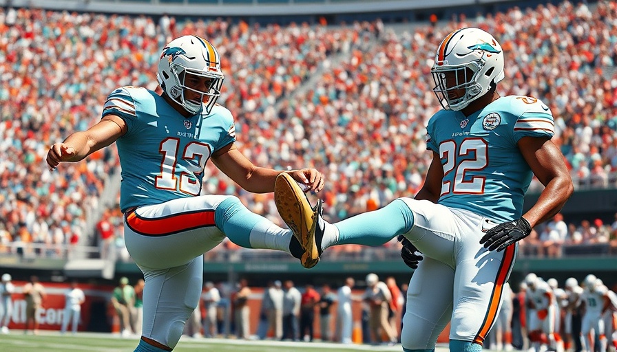 Miami Dolphins kicker in action during game with teammate.