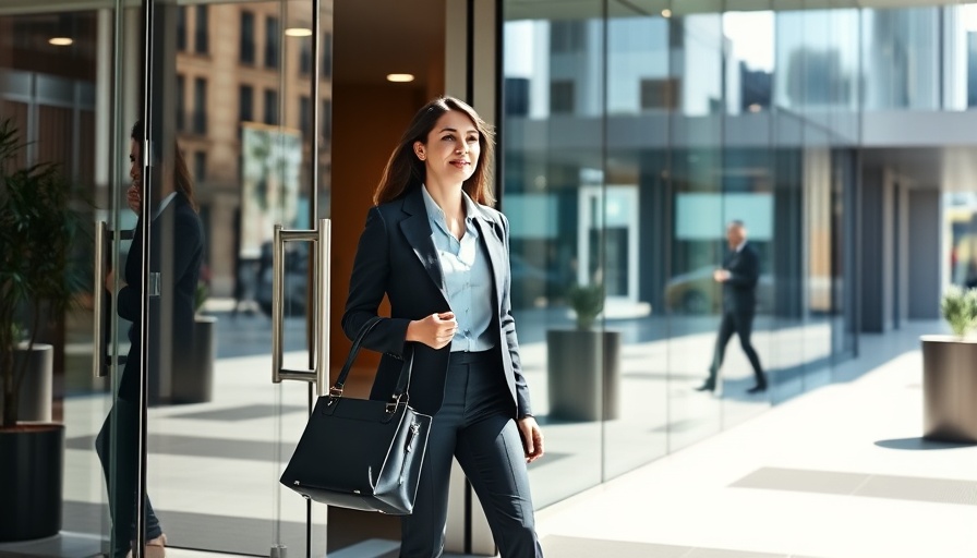 Woman exiting building on sunny day with reflections, professional attire.