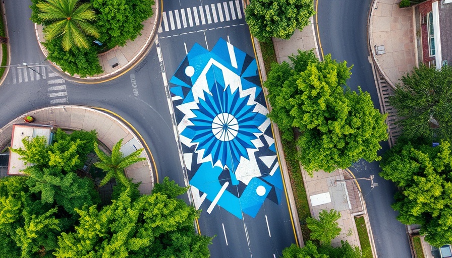 Aerial view of colorful Florida street art on urban road.