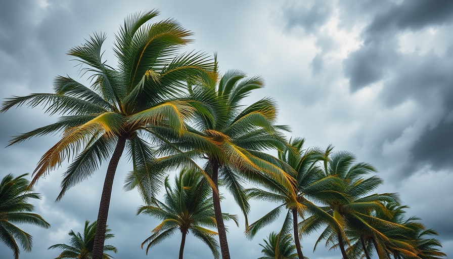 Palm trees bending in hurricane winds, stormy skies.