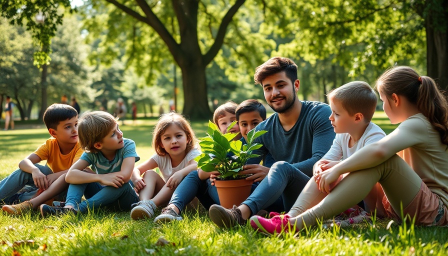 Children in park with teacher, engaging learning session.