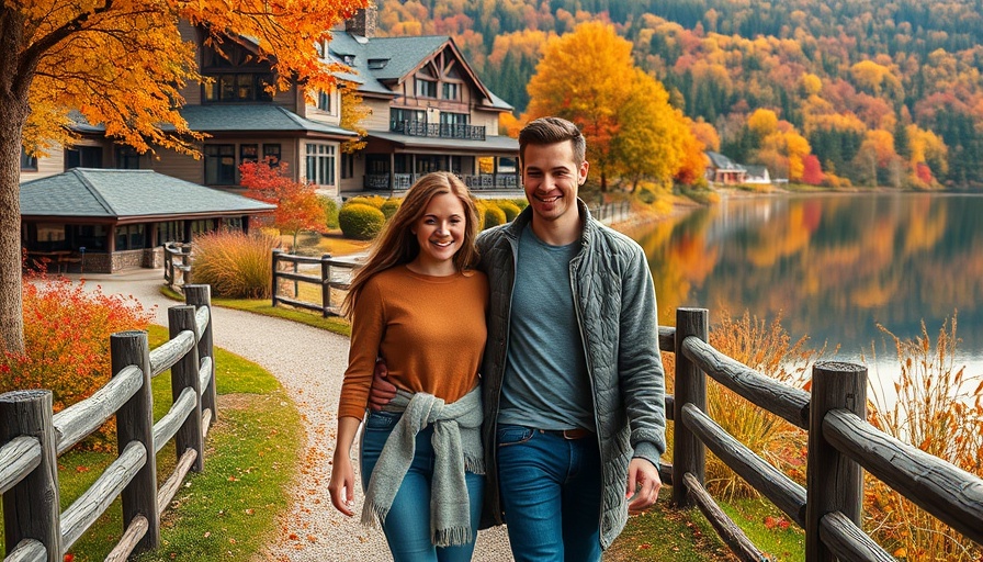 Couple strolling near leaf peeping hotels with fall foliage.