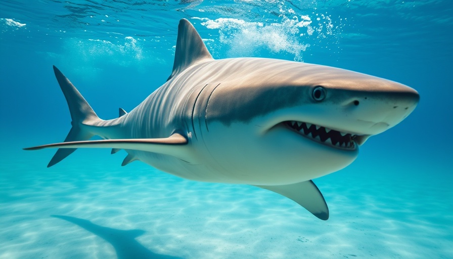 Bull shark swimming underwater in a clear ocean.
