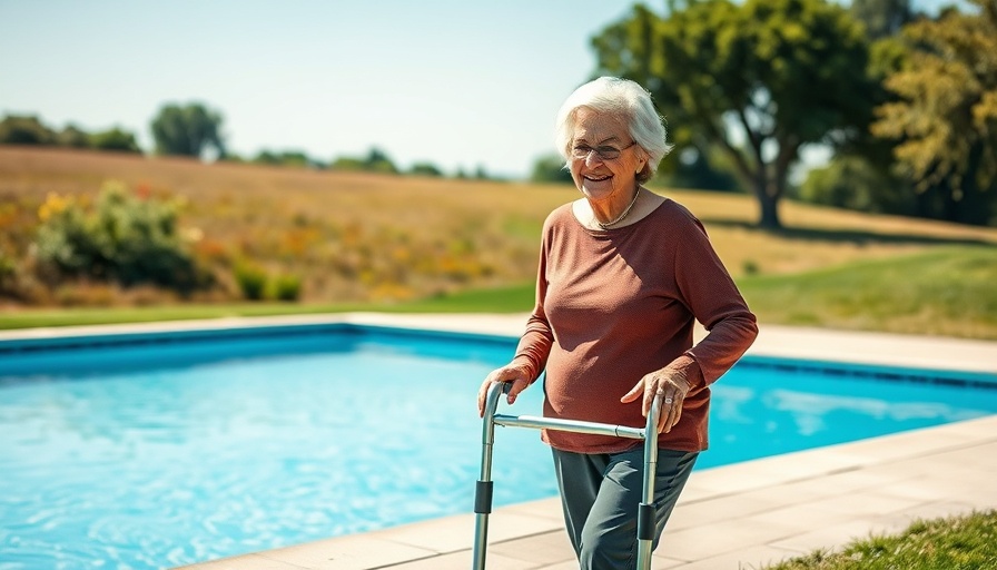 Woman with walker enjoying outdoors by pool, wellness beyond mobility limits.