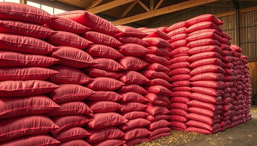 Hurricane Helene impact on agriculture with stacked potato bags.
