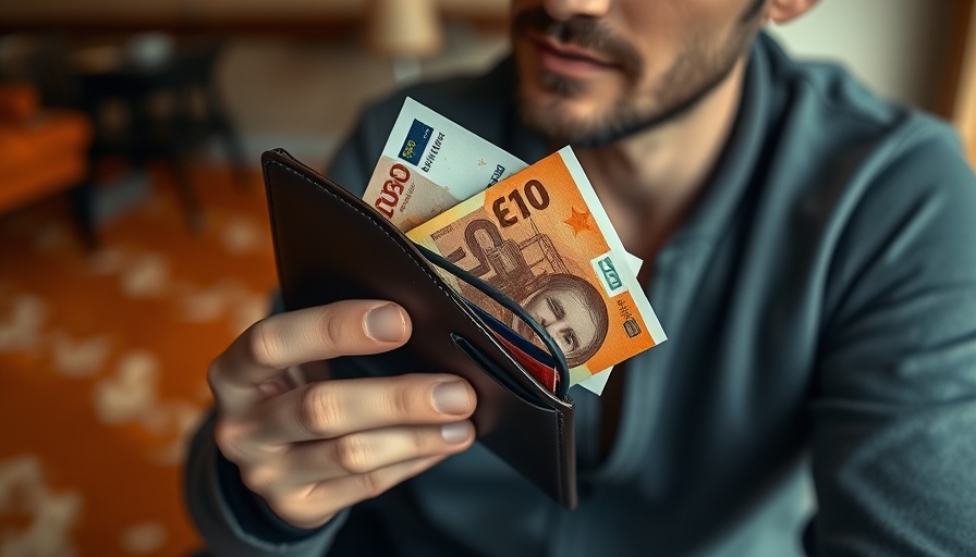 Person managing euro bills with a wallet on an orange carpet.