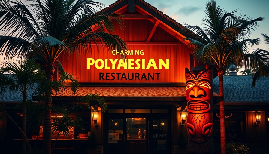 Mai-Kai Restaurant entrance with tiki statue and palms at dusk.
