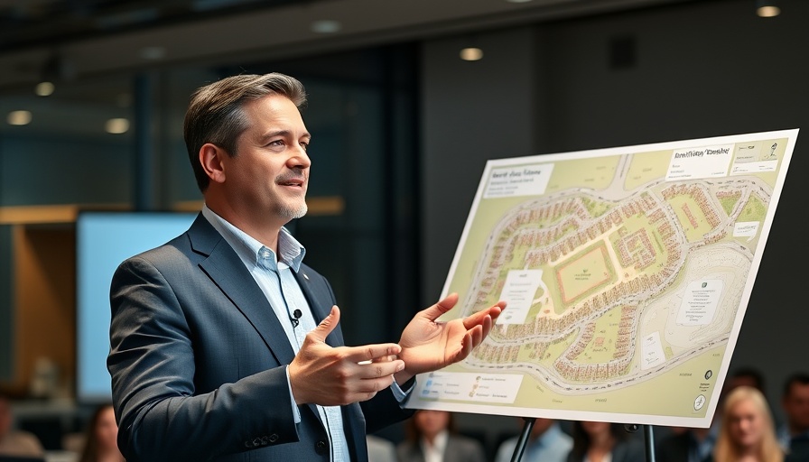 Businessman presenting Wellington rezoning plan for luxury homes with site layout.
