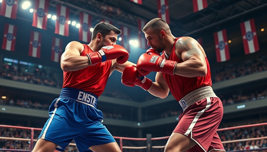 Intense boxing match scene with two competitors in action, vibrant setting.