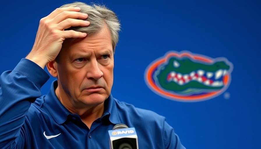 Frustrated coach at press conference with Gators stats background.