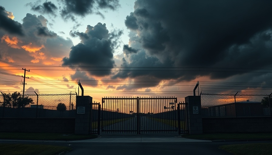 Florida execution facility entrance with dark clouds above.