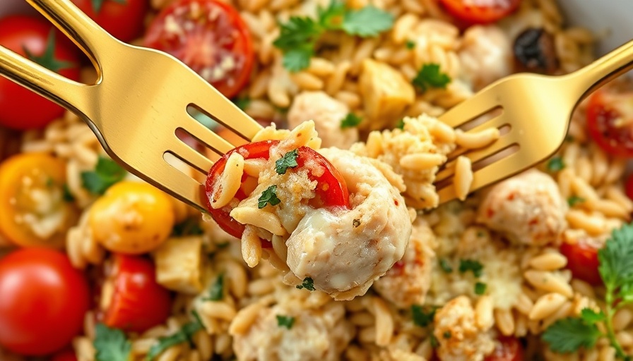 Greek Chicken Orzo Casserole with cherry tomatoes and herbs.