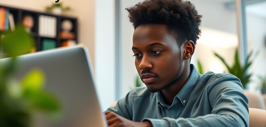 Young African professional in a modern office, laptop-focused, reflecting optimism.