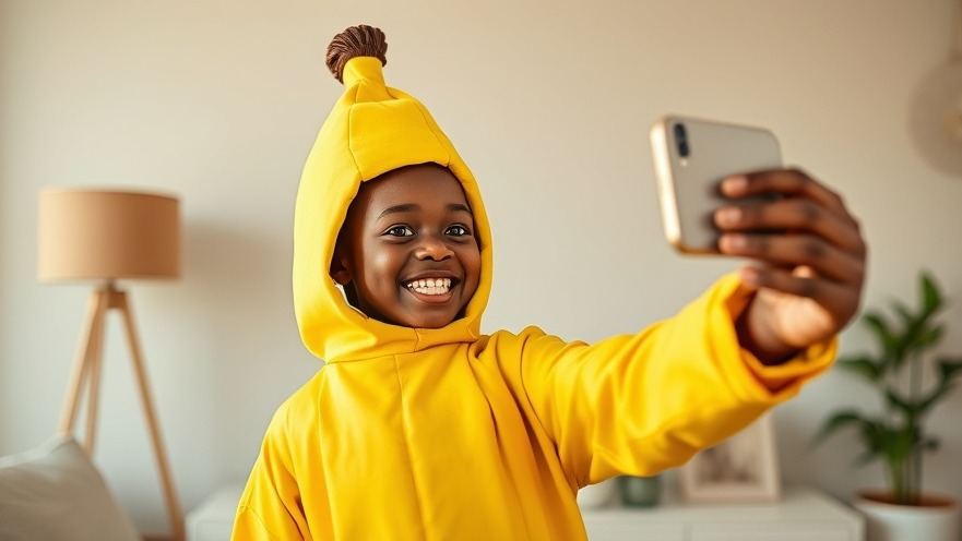 Cheerful kid in a vibrant banana costume taking a selfie, showcasing innovation in Halloween.