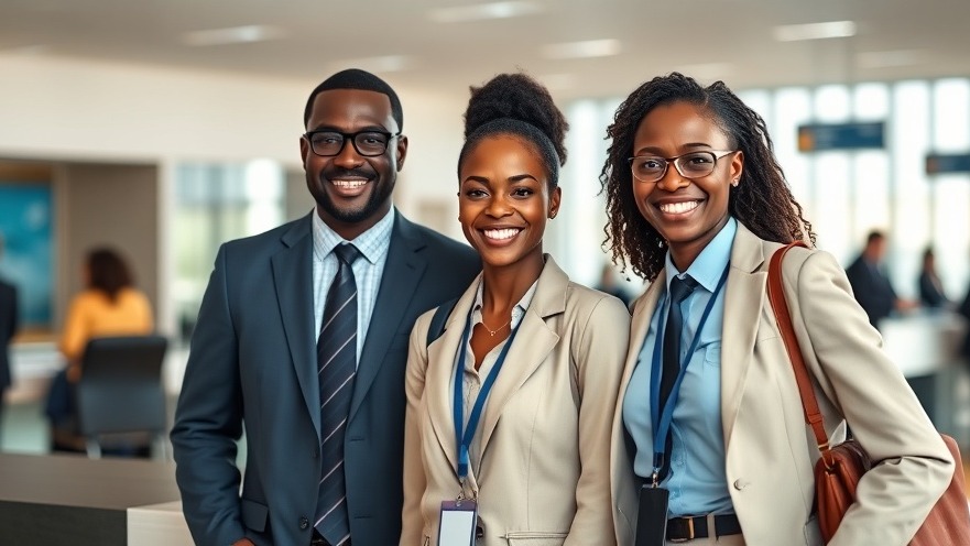 Confident African business travelers at airport counter, showcasing logistics for airlines.