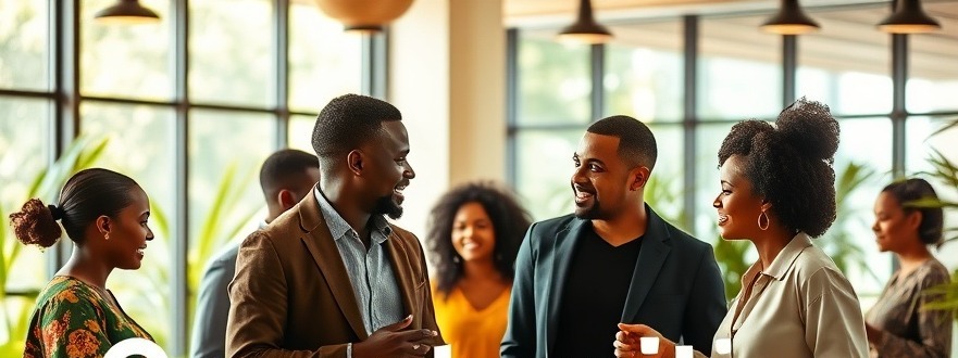 Diverse Tanzanian entrepreneurs discussing opportunities in a vibrant co-working space.