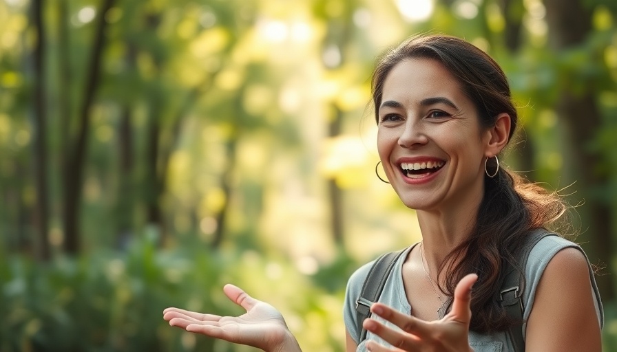 Cheerful woman explains wetlands in a forest setting.