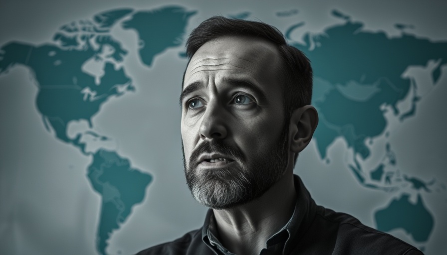 Man discussing 20-point peace plan for Gaza, world map background