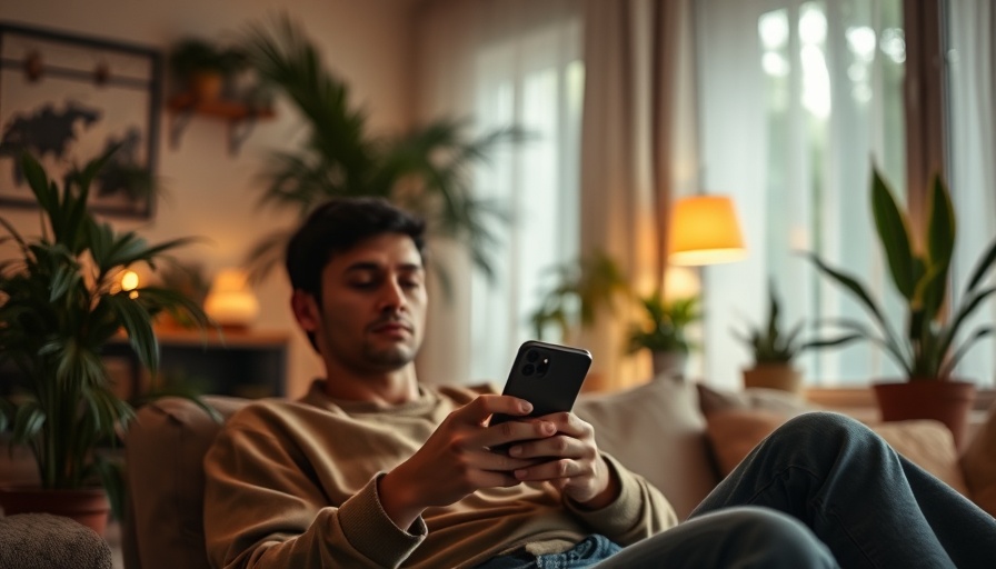 Casual setting with person on sofa holding phone, warm lighting.