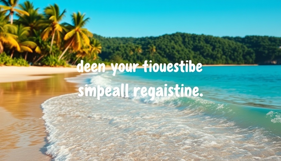 Tropical beach with amusing text overlay about bug fixes.