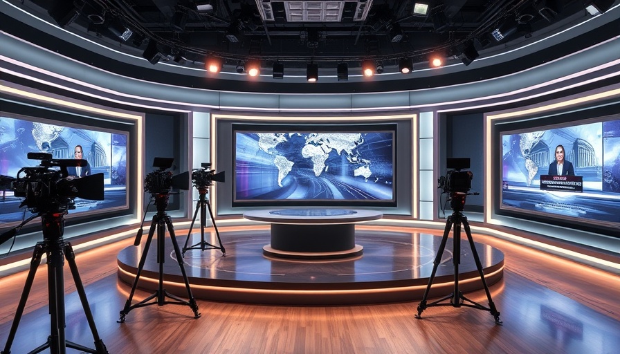 Modern news studio with cameras and digital screens - Africa news setup.