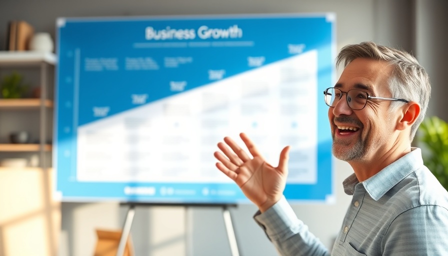 Step-by-step business growth concept with smiling presenter.