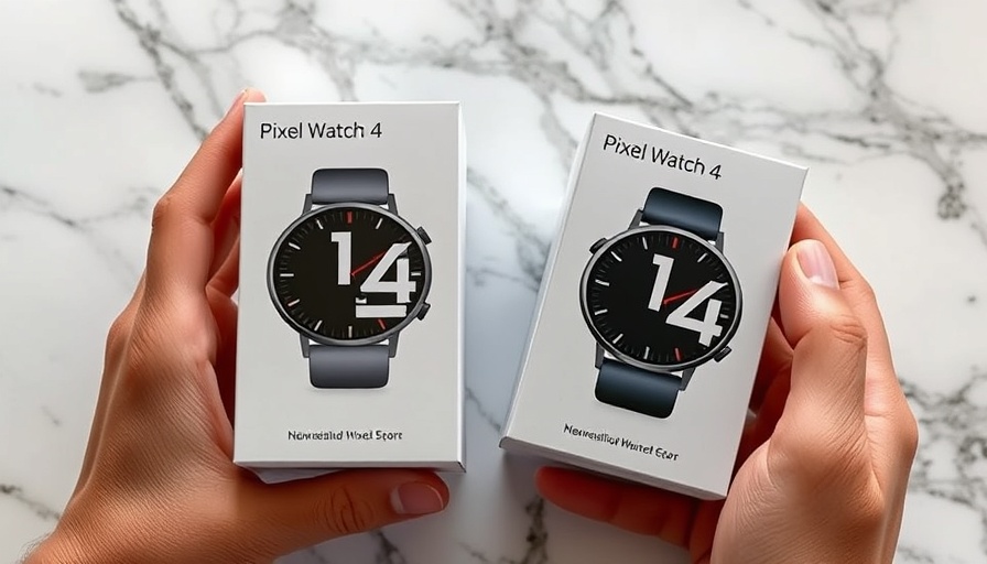 Hands holding Pixel Watch 4 boxes, marble background.