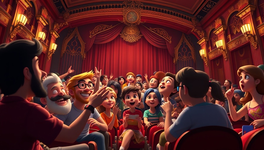 Animated theater with audience and characters, showcasing AI-powered creativity and cinematic transformations.
