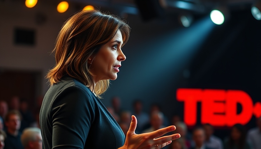 Speaker discussing climate change insurance risk at TED Talk.