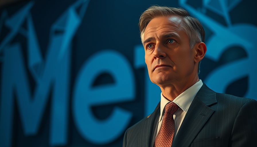 Man beside Meta logo with serious expression, data privacy context.