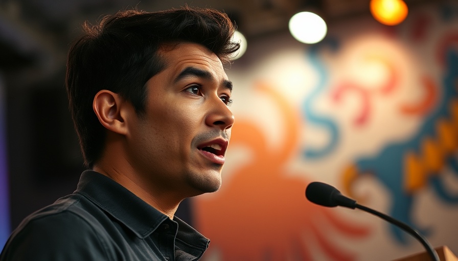 Person speaking on stage, conveying determination and focus.