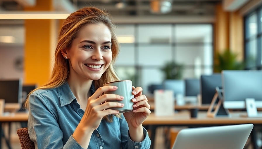 Young woman in office with humorous expression holding coffee.