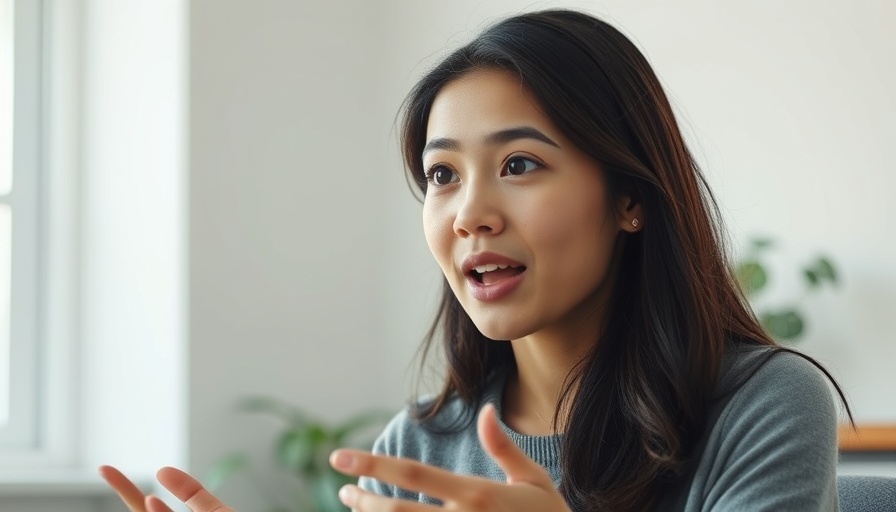 Young woman explaining the Thatcher Effect concept indoors.