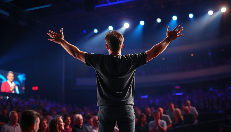 Energetic performer captivates audience in vivid stage lighting.