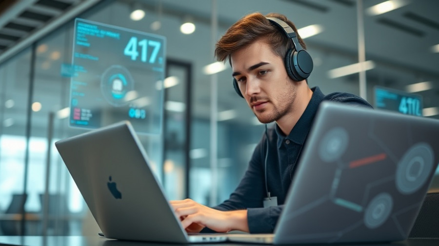 Young entrepreneur engaging with AI interface in a modern office.