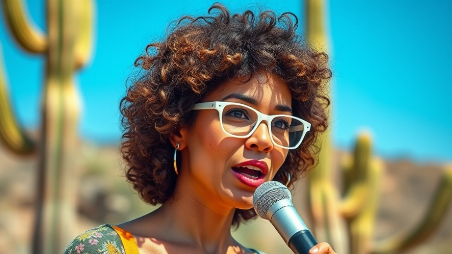 Curly-haired woman outdoors speaking by a cactus, vibrant setting.